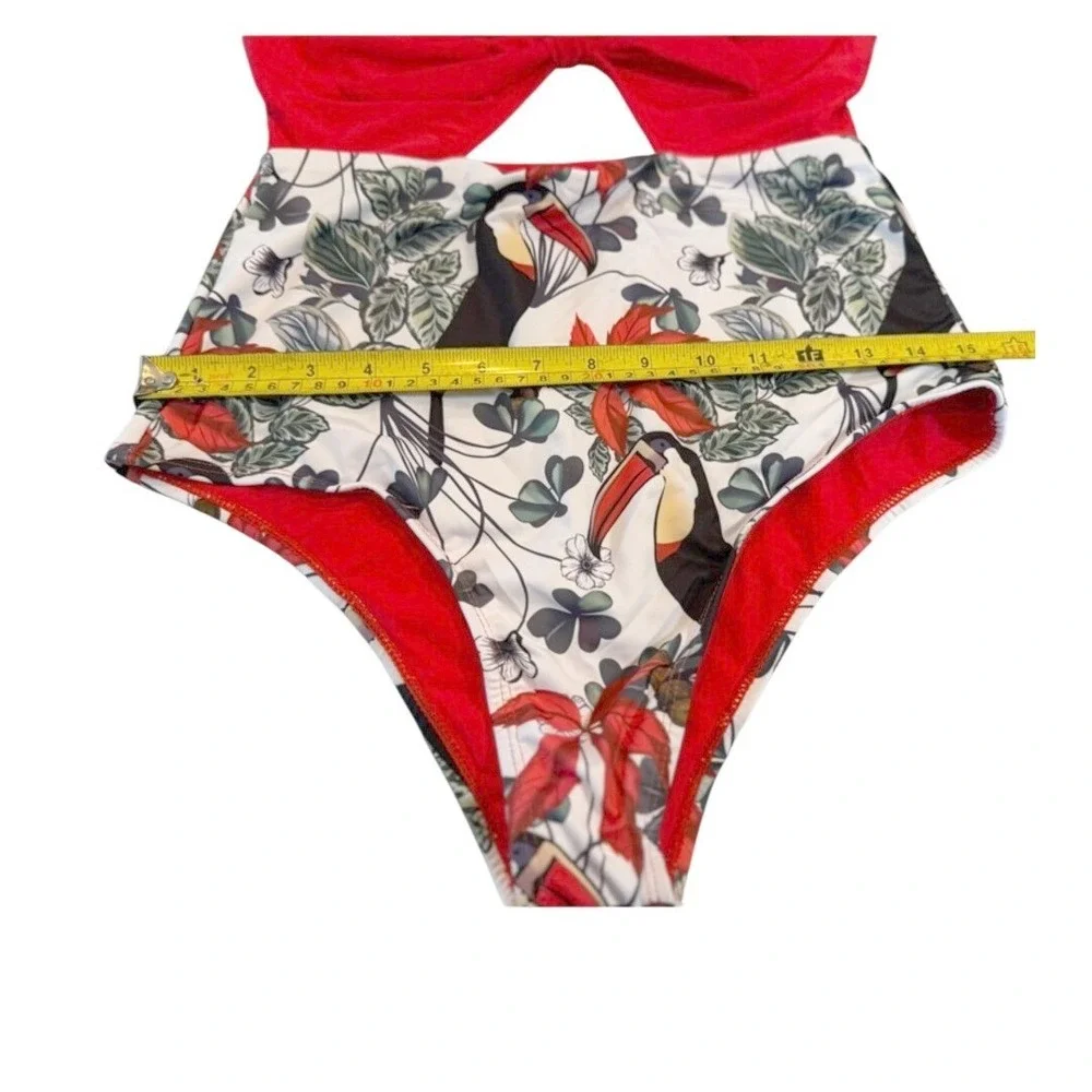Red Tropical One-Piece Swimsuit with‎ Toucan Print